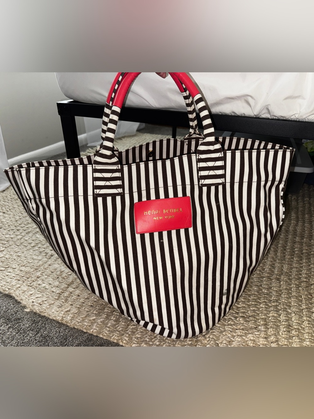Discontinued henri bendel Black and White Striped Tote with pink Accents XL